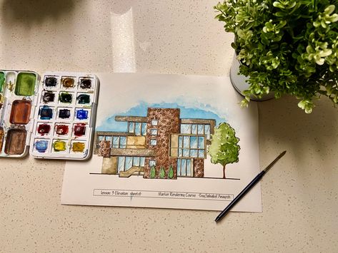 Watercolor Elevation Architecture, Watercolour Rendering Architecture, Elevation Rendering Architecture, House Render Colours, Drawing Rendering, Architecture Model Trees, Architectural Trees, Watercolor Rendering, Architecture Symbols