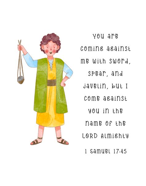 David - 1 of 4 bible characters scripture wall art with accompanying bible verses for children / kids. 1 Samuel 17:45 (GNT) "You are coming against me with sword, spear, and javelin, but I come against you in the name of the LORD Almighty". For more similar items - https://www.etsy.com/sg-en/shop/VeritasDesignStudio?section_id=39853871 1 Samuel 17:45, Bible Verse Children, Bible Verses For Children, David Bible, Samuel 17, 1 Samuel 17, Bible Verses For Kids, 1 Samuel, Bible Characters