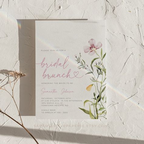 Simple Wildflower Bridal Brunch Invitation, Pink Wildflowers Bridal Shower Invite | INSTANT DOWNLOAD Pink Wildflowers, Bridal Shower Brunch Invitations, Bridal Events, Bridal Brunch Invitations, Different Signs, Watercolor Greenery, Invitation Pink, Instagram Grid, Brunch Invitations