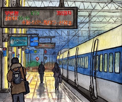 Seoul. KTX train to Busan Train To Busan Art, Train Scene Drawing, Train Illustration Drawing, Drawing Of Train, Ktx Train, Train Station Drawing, Train Drawings, Train Sketch, Seoul Station