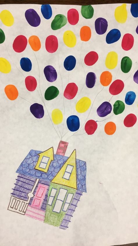 Paint thumb print balloon house from Disney's Up Pta Reflections, Thumb Painting, Thumbprint Crafts, Balloon House, Thumb Print, Balloon Painting, Bridal Chura, Finger Paint, Thumb Prints