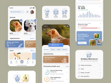 Pet health care app by Taras Bakusevych for Windmill on Dribbble Dog Apps, App Png, Health App Design, Health Apps, Ui Ux 디자인, Mobile App Design Inspiration, Pet Hotel, App Interface Design, 강아지 그림