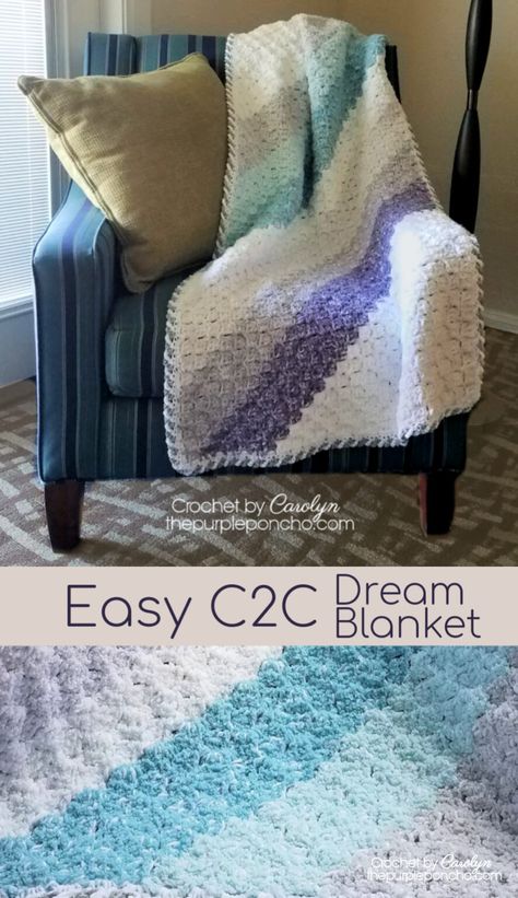 Easy C2C Dream Blanket - Free Crochet Pattern - The Purple Poncho Crochet C2c In Rows, C2c Crochet Throw Blanket, Corner To Corner Blanket Crochet Pattern Free, Rectangle C2c Crochet Blanket, C2c Afghan Pattern, C2c Afghan Pattern Free, Crochet C2c Blanket Pattern Free, Crochet Purple Blanket, C2c Crochet Blanket Baby