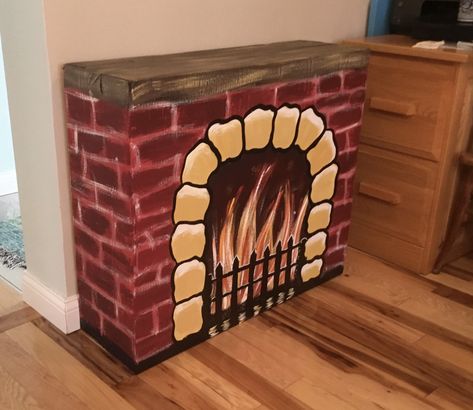 Christmas Fireplace Painting, Cardboard Fireplace Diy, Fireplace Painting, Fireplace Painted, Cardboard Fireplace, Fake Fireplace, Paint Fireplace, Fireplace Art, Candles In Fireplace