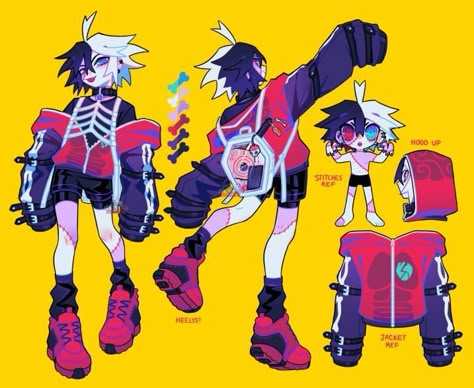 Cyberpunk Outfit Character Design, Techno Character Design, Zombie Inspired Outfits, Creative Oc Designs, Witch Outfits Drawing, Vtuber Pose, Inventor Character, Cyberpunk Clothes Design, Emo Cyberpunk