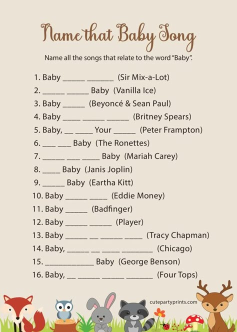 Name that Baby Song | Woodland Baby Shower Games Baby Shower Games Woodland Theme Free Printable, Name That Song Baby Shower Game, Woodland Baby Shower Theme Games, Woodland Baby Shower Ideas, Woodland Baby Shower Theme Boy, Woodland Baby Shower Games, Woodland Forest Baby Shower, Baby Song, Storybook Baby Shower