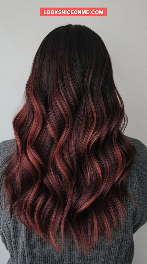 If you're looking for a bold hair transformation, a fiery red copper balayage is the way to go! The vivid mix of copper and red shades will make your hair stand out, adding warmth and personality to your style. #BoldBalayage #RedCopperHairInspo #VibrantHairColors Black To Auburn Balayage, Dark Hair With Auburn Balayage, Balayage Hair Brunette With Red, Dark Roots Copper Hair Balayage, Chocolate Brown And Red Hair, Balayage Hair Red Brown, Brown Red Balayage Hair, Black And Auburn Hair, Red And Brown Balayage