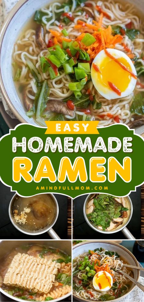 This Easy Homemade Ramen is a 30-minute meal you don't want to miss! Filled with vegetables and noodles in a rich broth, this vegetarian ramen bowl is a delicious soup with traditional Japanese flavors. Save this quick lunch idea! Make Ramen At Home, Homemade Ramen Noodles Soup, Homemade Ramen Broth, Easy Homemade Ramen, Ramen Noodle Recipes Soup, Ramen At Home, Healthy Noodle Recipes, Homemade Ramen Noodles, Ramen Noodle Recipes Easy