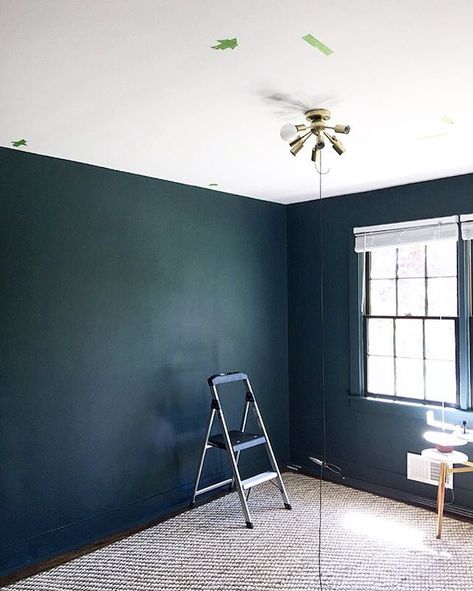 Moody Hue: Check! The perfect mix of navy and dark green (SW Cascades)  - Jodi || Home Decor (@houseonasugarhill) • Instagram photos and videos Sw Cascade Green, Sw Cascades, Dark House Interior, Small Room Paint, Hunted Interior, Painted Beds, Dark Paint Colors, House Color Palettes, Theater Room