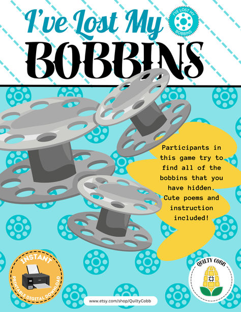 Participants in this game try to find all of the hidden bobbins! Cute poems and instructions included. Quilt Retreat Games, Quilt Games, Quilt Retreat Favors, Quilt Guild Programs, Quilt Retreat Gifts, Retreat Activities, Craft Retreat, Retreat Gifts, Fun Christmas Party Games