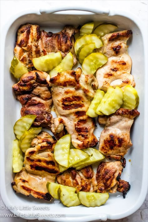 Dill Pickle Grilled Chicken in a white serving platter Pickle Ranch Chicken, Dill Pickle Chicken Nuggets, Pickle Chicken Bites, Chicken In Pickle Juice Recipe, Pickle Marinated Chicken, Grilled Pickles, Leftover Grilled Chicken Recipes, Pickle Juice Chicken, Cut Meals