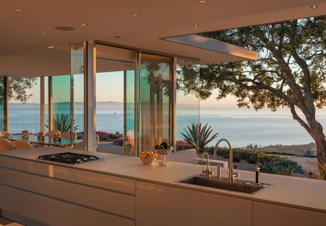 A Santa Barbara Compound With Sweeping Panoramas Asks $19M - Dwell Santa Barbara Homes, Santa Barbara House, Sandstone Fireplace, Santa Barbara Beach, Pool Cabana, Walnut Floors, Brick And Stone, Prefab Homes, Glass House