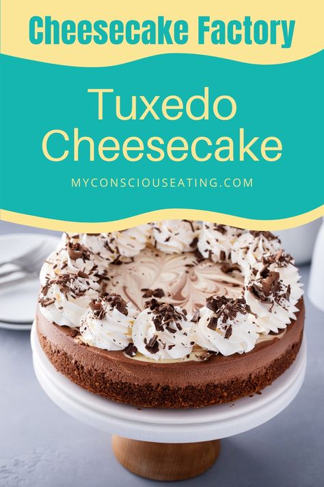 Tuxedo cheesecake on a dessert plate Tuxedo Cheesecake Factory Recipe, Cheesecake Factory Tuxedo Cheesecake Recipe, Tuxedo Cheesecake Recipe, Tuxedo Cheesecake, Creamy Chocolate Cheesecake, Cheesecake Factory Recipes, Roasted Figs, Fig Compote, Gluten Free Cheesecake