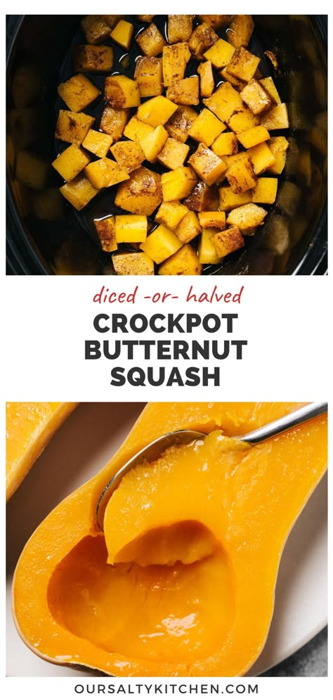 If you love your slow cooker for soups and stews, you'll come to appreciate it even more when making crockpot butternut squash! Slow cooker butternut squash is very tender, with rich flavor and buttery texture. Cook butternut squash in a crockpot in halves, or peel, seed and dice to make an easy oven free side dish recipe (very handy for holiday dinners!). Season with brown sugar and warm spices for an even sweeter finish, or bring out the savory side with herbs. #crockpot #slowcooker #butternut Butternut Squash In Slow Cooker, Squash In Crockpot Butternut, Butternut Squash Recipes Crockpot Slow Cooker, Butternut Crockpot Recipes, Slow Cooker Squash Recipes, Instapot Butternut Squash Recipe, Crock Pot Butternut Squash Recipes, Cooking Butternut Squash In Crockpot, Butternut Squash In The Crockpot