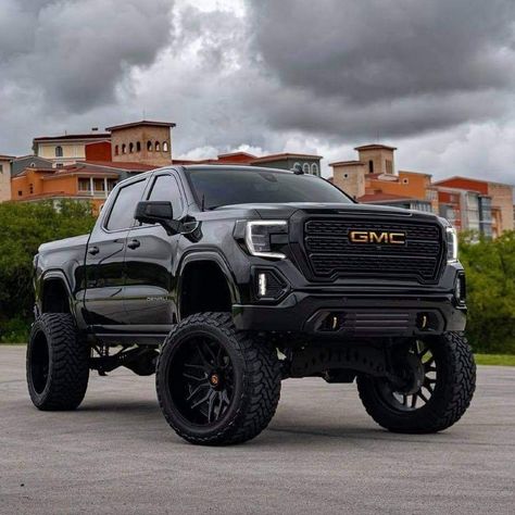 Modded Trucks, Black Lifted Trucks, Gmc Truck Aesthetic, Gmc Black Truck, Jacked Up Gmc Trucks, Gmc Denali Truck, Denali Truck, Black Gmc Truck Lifted, Gmc Trucks Sierra