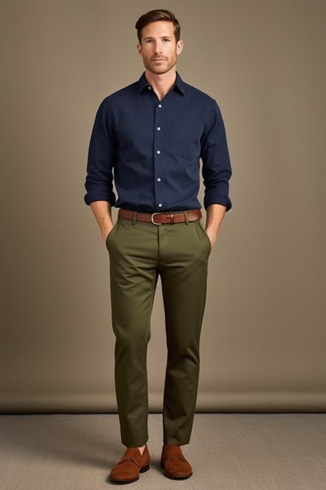 Navy Blue Button-Down Shirt and Forest Green Pants Green Casual Pants Outfit, Men Olive Green Pants Outfit, Casual Wedding Men Outfit, Green Pant Outfits Men, Blue Pants Men Outfit, Dark Green Chinos Outfit Men, Olive Green Pants Outfit Men Casual, Dark Olive Green Outfit, Navy Dress Pants Outfit Mens