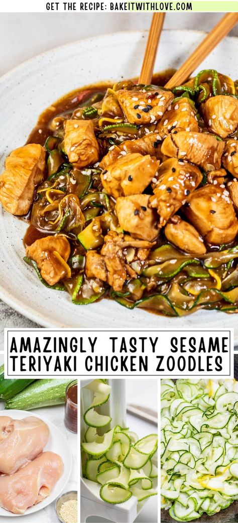 My tasty sesame teriyaki chicken zoodles are a hearty way to eat your vegetables and enjoy a great teriyaki chicken meal. Load up on zucchini noodles or ribbons and tasty chunks of tender chicken breast that have been seared and stir-fried to perfection. Toss them all in some satisfying sesame teriyaki sauce then serve as-is or over rice for a great dinner. Get the recipe at BakeItWithLove.com #zoodles #teriyaki #chicken #zucchini #squash #sesame #saucy Sesame Teriyaki Chicken, Teriyaki Chicken Meal, Chicken Thigh Teriyaki, Chicken Zoodles, Zoodles With Chicken, Zoodles Recipe, Eat Your Vegetables, Teriyaki Sauce Recipe, Casserole Side Dishes