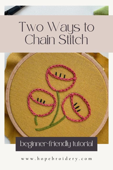 Chain stitch is a simple hand embroidery technique typically used to follow lines and curves (though it can also be used to fill in a space, much like split back stitch). There are two ways to do chain stitch; the "right" version is whichever version works best for you. On my blog, you'll find a beginner-friendly tutorial for both ways to chain stitch in hand embroidery, with instructions in written, photo, and (longer) video format. Hand Embroidery Chain Stitch Designs, Embroidery Chain Stitch Design, Back Chain Stitch Design, Split Stitch Embroidery Design, Running Stitch Embroidery Design Simple, Split Back Stitch Embroidery, Cable Chain Stitch Embroidery Design, Aari Chain Stitch Designs, Chain Stitch Embroidery Design Ideas