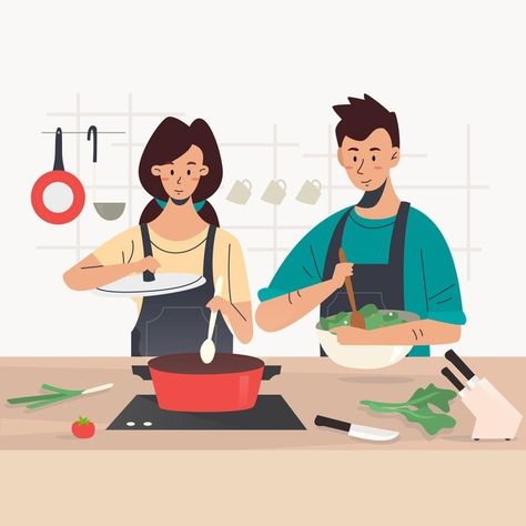 People cooking illustration | Free Vector #Freepik #freevector #food #people #kitchen #cooking Cooking Illustration, Cook Illustration, People Cooking, Cake Logo Design, Dancing Drawings, Illustration Story, Vector People, Thought Bubbles, Family Illustration