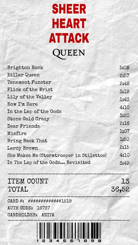 Queen, receipt, aesthetic, Queen band, Shees Heart Attack, album receipt Band Receipts, Aesthetic Queen Band, Queen Poster Band, Music Album Receipts, Queen Band Songs, Queen Band Wallpaper, Queen Band Aesthetic, Queen Band Poster, Receipt Aesthetic