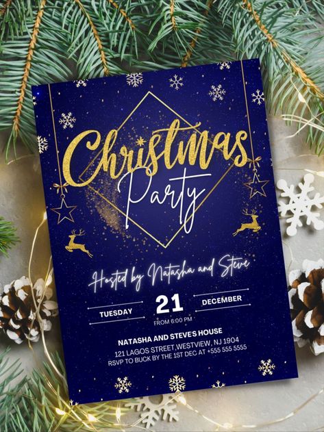 Christmas Dinner With Friends, Gold Christmas Party, Christmas Invites, Blue And Gold Christmas, Corporate Christmas Party Invitations, Corporate Christmas Party, Christmas Invitation Card, Christmas Party Host, Corporate Christmas Parties