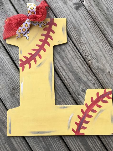 Softball Birthday Party Ideas Diy, Softball Craft Ideas, Softball Decorations Room Ideas, Softball Room Ideas Decor, Softball Wood Crafts, End Of The Year Softball Gifts, Softball Display Ideas, Softball Birthday Party Decorations, Softball Door Signs