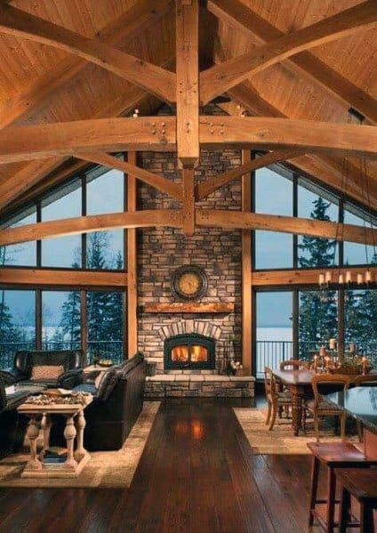 Top 70 Best Vaulted Ceiling Ideas - High Vertical Space Designs Cabin Style Living Room, Mantel Styling, Casa Hobbit, Fireplace Pictures, Book Deal, Log Home Interiors, Dream Cabin, Log House, Rustic Home Design