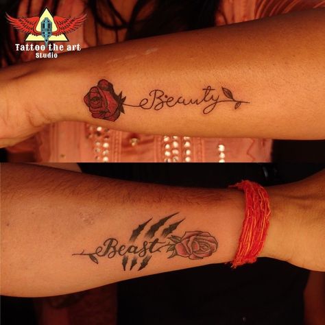 Couple Tattoo Beauty And The Beast, Beauty Beast Couple Tattoo, Beauty And Beast Matching Tattoos, Matching Beauty And The Beast Tattoos, Her Beast His Beauty Tattoo, Beauty Beast Tattoo Couples, Beauty And Beast Couple Tattoo, Beauty The Beast Tattoos, Beauty And The Beast Matching Tattoos