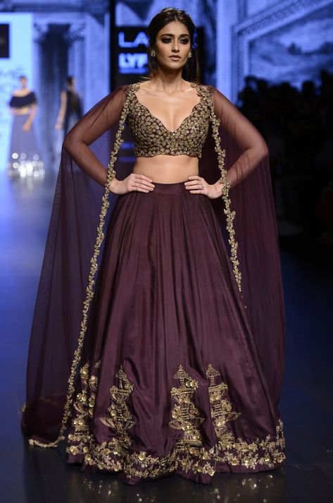 Fusion Lehenga, Lakme Fashion Week 2016, Bridesmaid Outfits, Purple Lehenga, Ileana D Cruz, Indigo Purple, Indian Suit, Gowns Elegant, Lehenga Designs Simple