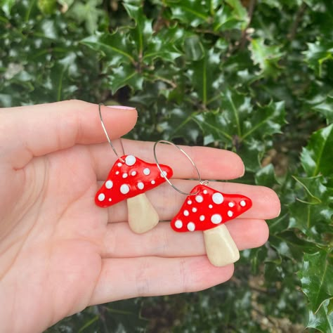 Handmade polymer clay mushroom earrings Air Dry Clay Mushroom Earrings, Mushroom Earrings Polymer Clay, Mouldit Jewellery, Fimo Mushroom, Polymer Clay Halloween Earrings, Mushroom Earings, Mushroom Clay Earrings, Polymer Clay Mushroom Earrings, Clay Mushroom Earrings