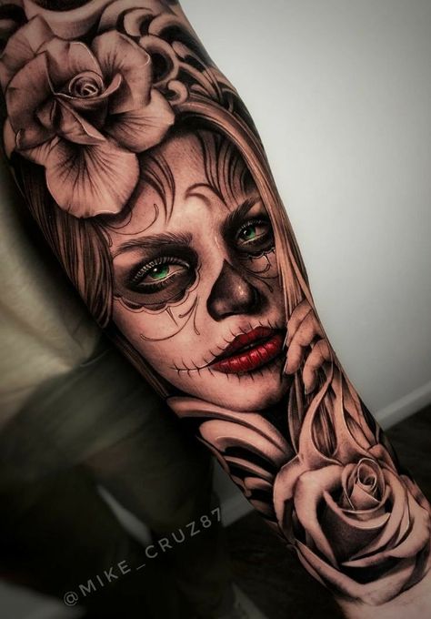 Day Of Dead Tattoo, Catrina Tattoo, Skull Girl Tattoo, Girl Face Tattoo, Skull Sleeve Tattoos, Skull Sleeve, Realistic Tattoo Sleeve, Men Tattoos Arm Sleeve, Warrior Tattoos