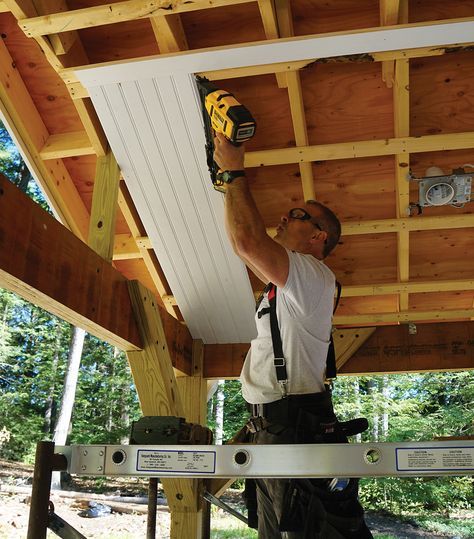 Beadboard Porch Ceiling, Under Deck Roofing, Patio Ceiling Ideas, How To Install Beadboard, Screened Porch Designs, Hotel Lobby Design, Ceiling Finishes, Porch Ceiling, Building A Porch