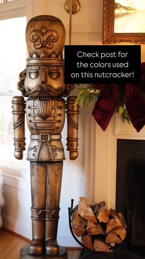 Walmart Nutcracker Tips, Tricks and Fans! | Colors used for this “brass” nutcracker:  | Facebook Holiday Time Nutcracker Makeover, Copper Nutcracker, Spray Painted Nutcracker Diy, Nutcracker Redo, Rustic Nutcracker, Nutcracker Colors, Nutcracker Front Porch, Nutcracker Mantle Display, Wooden Nutcracker Painting Ideas