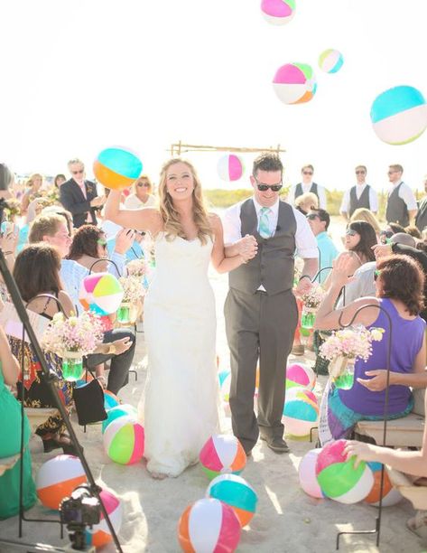 Beach wedding ceremony exit with beach ball toss Beach Balls, Wedding Send Off, Wedding Exits, Boda Mexicana, Beautiful Beach Wedding, Wedding Beach Ceremony, Beach Ceremony, Beach Wedding Decorations, Wedding Confetti