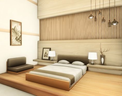 Modern Japanese Apartment, Sims 4 Japanese House, Sims Lots, Japanese Inspired Home, Japanese Bed, Japanese Apartment, Starter House, Japanese Bedroom, Base Building