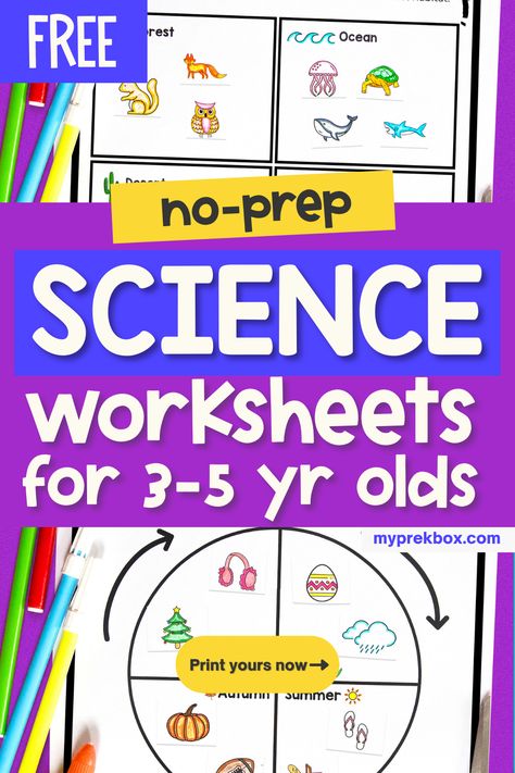 How should you introduce science to your preschooler? What science topics and activities are suitable for him? If you have the same questions in mind, worry no more because My Pre-K Box is here to give you another FREE printable worksheet! Our Science Preschool Fun Pack is the best solution to your problem because it offers simple, fun, and easy science worksheets for your little ones! Free Printable Science Worksheets, Science Worksheet For Preschooler, Preschool Science Printables, Science Topics For Preschool, Kindergarten Science Lessons Free, Prek Science Worksheets, Pre K Science Worksheets, Prek Science Activities, Science Worksheets For Preschool