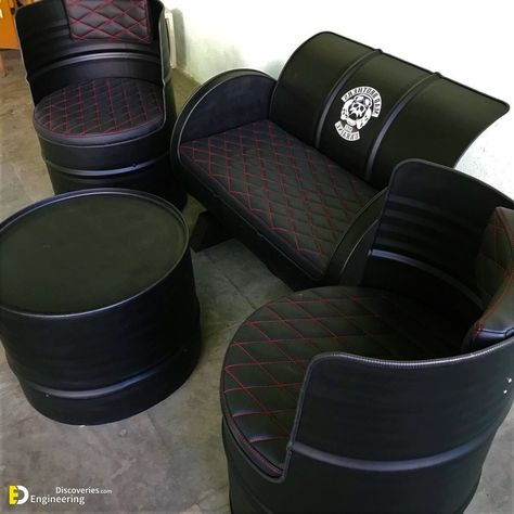 25 Ways To Recycle Oil Barrels Into Winsome Furniture - Engineering Discoveries Barrel Seats, Oil Drum Furniture, Metal Barrel Furniture, Drum Seat, Drum Furniture, Oven Diy, Restaurant Kitchen Design, Used Oil, Barrel Projects