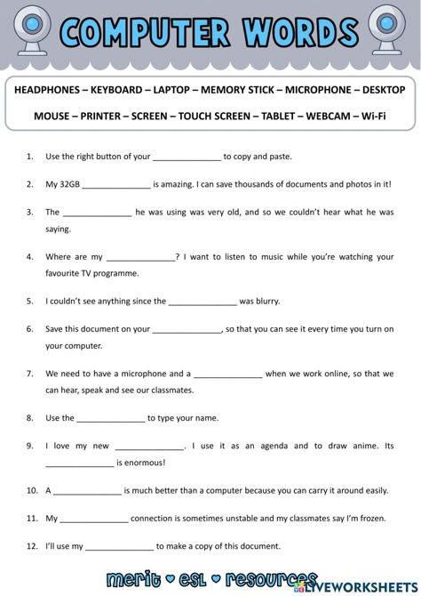 Computer Lessons For Adults, Computer Worksheet Class 2, Technology Worksheets For Kids, Vocabulary Worksheets Elementary, Computer Worksheet For Grade 4, Technology Worksheets, Computer Worksheet, Live Worksheet, English Printables