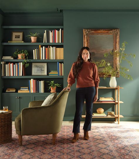 Green Craftsman Living Room, Floor To Ceiling Green Room, High Gloss Green Paint, Home Library Color Palette, Green And Gold Library Room, Green Room Dark Wood Furniture, Green Dark Living Room, Magnolia Dark Green Paint Colors, Dark Green Living Room Fireplace