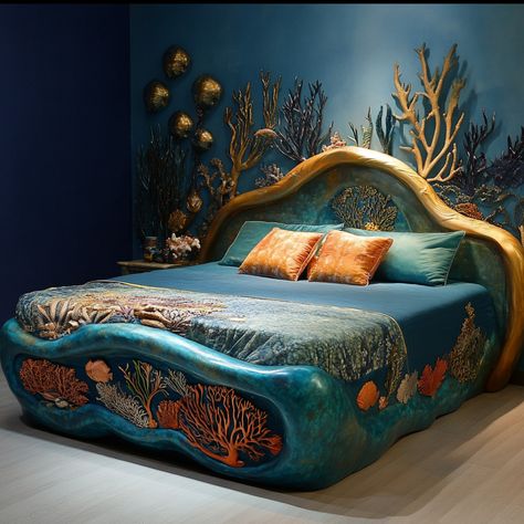 Step into a life of luxury and comfort with our coral reef inspired bed. Bring the ocean into the indoor and traverse the mighty sea with this lush bed. Bedroom Ideas Ocean Theme, Bedroom Ideas Ocean, Best Bedroom Ideas, Cozy English Cottage, Turquoise Bedding, Girls Room Colors, Fairy Bed, Whimsical Bedroom, Life Of Luxury