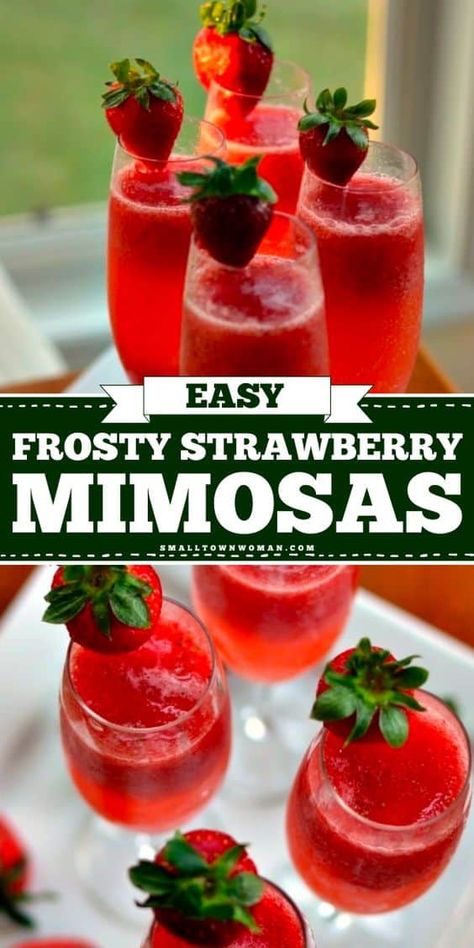 Learn how to make these Easy Frosty Strawberry Mimosas as a Mother's Day brunch recipe! This mimosa recipe has a sweet berry flavor and also makes the perfect Spring cocktail recipe. Save this pin! Prosecco Mimosa Recipe, Sweet Mimosa Recipe, Winter Mimosa Recipe, Holiday Mimosa Recipe, Non Alcoholic Mimosa Recipe, Strawberry Mimosa Recipe, Strawberry Mimosas, Mimosas Recipe, Moist Sponge Cake