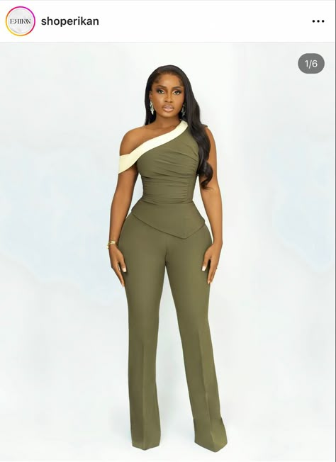 African Inspired Work Outfit, Cooperate Two Piece Outfits, Brown Corporate Outfit, Corporate Jumpsuit Work Outfits, Matriculation Outfit Ideas Nigeria, Induction Outfit Ideas, Induction Ceremony Outfit, Green Jumpsuit Outfit Casual, Cooperate Outfits For Women Pants