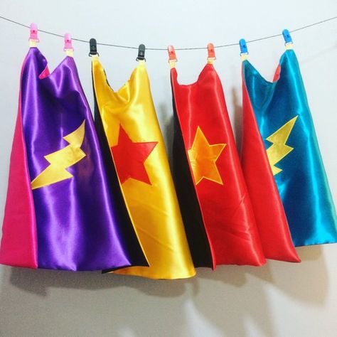 Reversible super hero Cape. Can be personalised 100 Days Superhero Cape, Superhero Cape Craft, How To Make Superhero Capes, No Sew Superhero Cape, How To Sew A Super Hero Cape, Super Hero Cape, Costume Capes, Imagination Toys, Superhero Capes