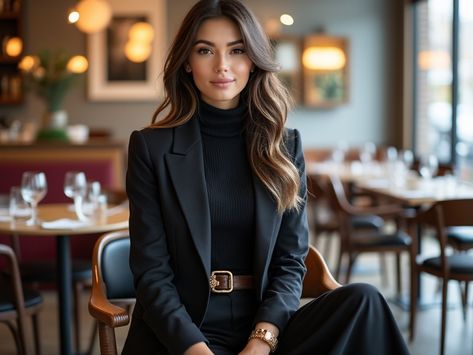 A stylish woman wearing a tailored black blazer, turtleneck, and wide-leg trousers, accessorized with gold details, seated in a cozy café setting. Turtleneck Suit Women, Blazer With Turtle Neck, Turtle Neck And Blazer, Turtleneck Suit, Winter Brunch Outfit, Winter Brunch, Turtleneck Women, Brunch Outfit Winter, Winter Outfits Fashion