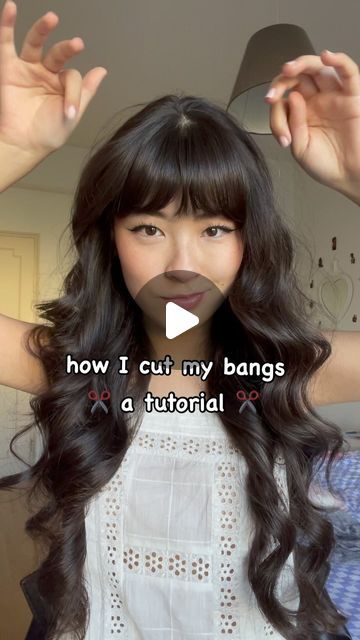 annie x3 on Instagram: "how I cut my bangs - a tutorial 🩷" How Cut Bangs Tutorials, Bang Tutorial Cut, Bangs How To Cut, French Bangs Tutorial, How To Cut Bangs Tutorial, Bangs Tutorial Cut, Baby Bangs Curly Hair, Diy Bangs Haircut, Bangs Above Eyebrows