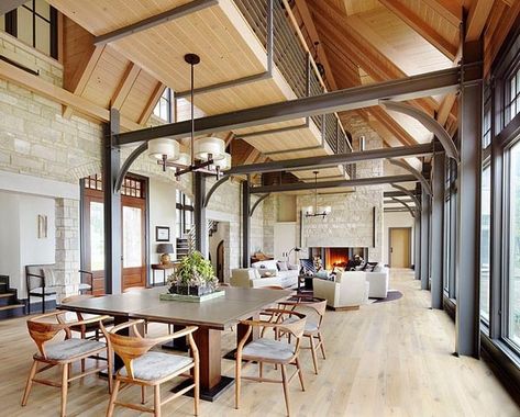 Lake House Retreat-Morgante Wilson Architects-04-1 Kindesign Stone Fireplace Wall, Stone Walls Interior, Neutral Dining Room, Steel Beam, Interior Minimalista, Steel Beams, Luxe Interiors, Exterior Stone, Exposed Beams