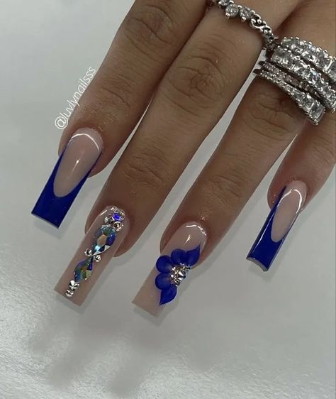 Prom Nail Ideas Royal Blue, Nail Ideas Royal Blue And Silver, Royal Blue Nails Designs For Prom, Royal Blue Nails For Prom Glitter, Coffin Acrylic Nails Navy Blue, Royal Blue Long Nails With Design, Graduation Nails Royal Blue, Prom Nail Inspo Royal Blue, Silver And Royal Blue Nails Prom