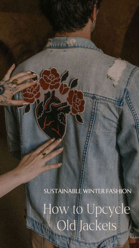 A woman applying a heart shaped patch to a thrifted denim jacket. Upcycle Leather Jacket Diy Ideas, Leather Jacket Upcycle, Denim Jacket Diy Upcycling, Upcycle Denim Jacket, Denim Jacket Upcycle, Diy Jacket Refashion, Denim Jacket Diy, Jacket Upcycle, Upcycled Leather Jacket