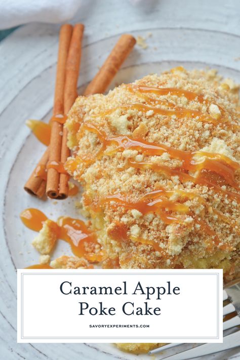 This Caramel Apple Poke Cake is one of the best recipes using boxed cake mix! With tons of apples, and cinnamon, this from scratch apple cake will become an instant family favorite! #pokecakerecipes #recipesusingboxedcakemix #applecake #easypokecakerecipes #savoryexperiments www.savoryexperiments.com via @savorycooking Caramel Apple Poke Cake, Apple Poke Cake, Cupcake Recipes From Scratch, Pudding Poke Cake, Caramel Apples Easy, Apples And Cinnamon, Super Cookies, Instant Family, Caramel Apple Cake