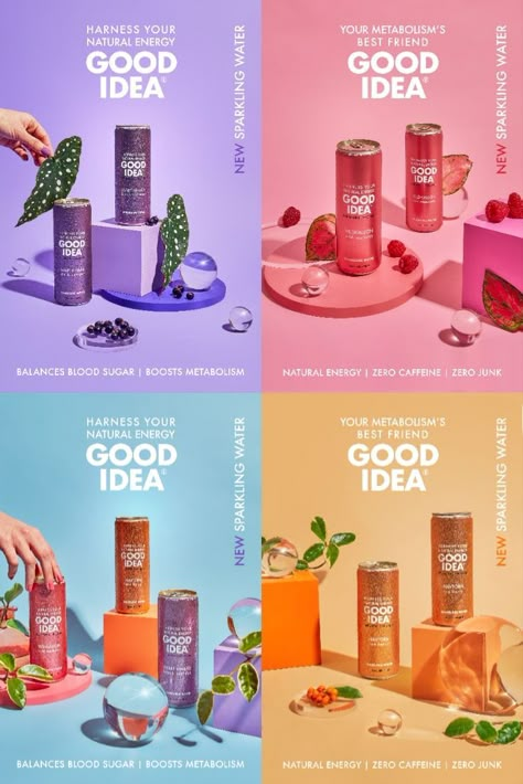 Harness your energy with GOOD IDEA, the new sparkling water that provides Natural Energy with Zero Caffeine and Zero junk. 귀여운 음식 그림, Drinks Packaging Design, Food Graphic Design, Drinks Design, Trik Fotografi, Sparkling Water, Natural Energy, Creative Ads, Ads Creative